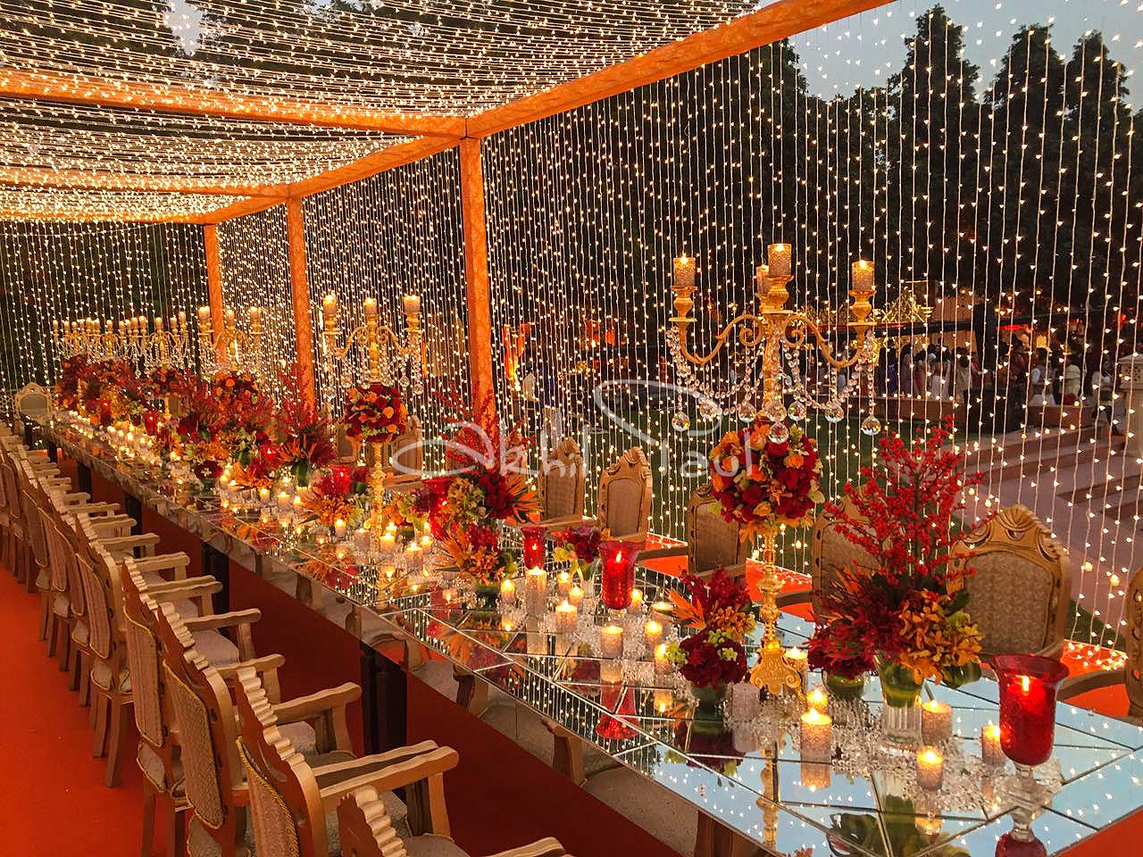 Outdoor Long Dinner Table Decor with Fowers & Lights